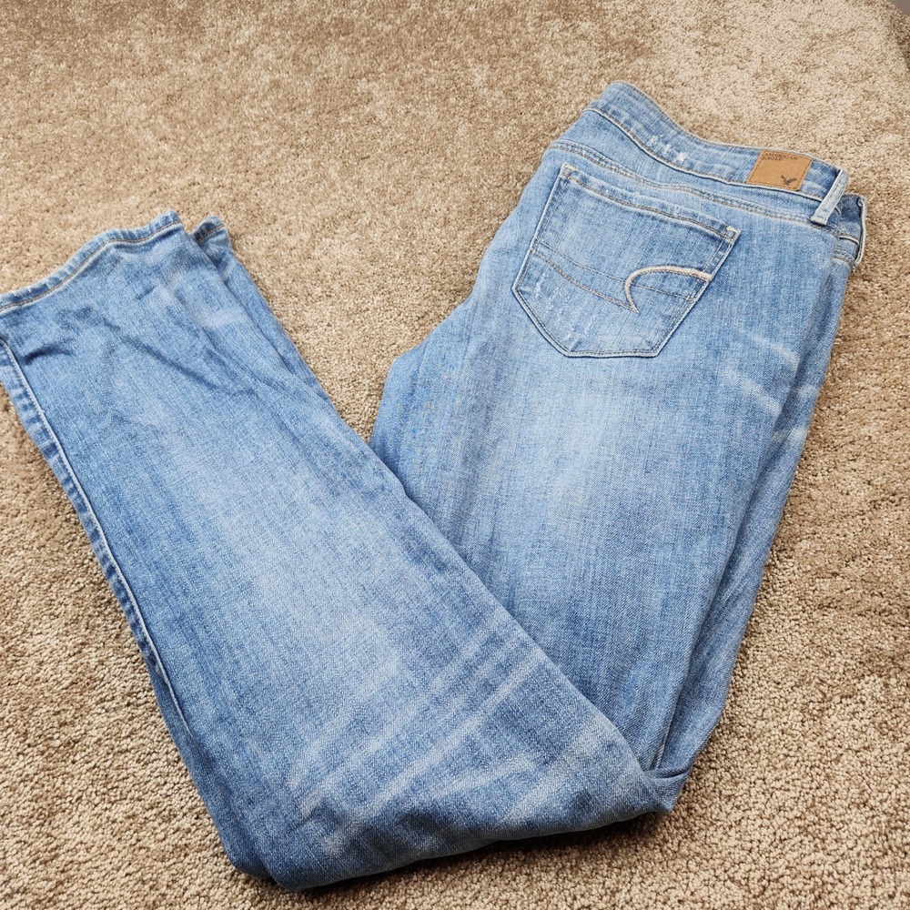 American Eagle Skinny Stretch Distressed Jeans Womens 14 Regular Medium Wash